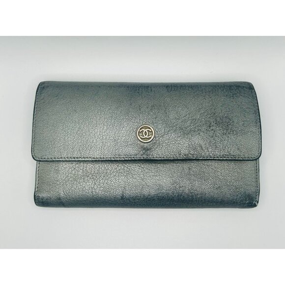 Chanel Metallic Grey Leather Long Wallet with CC Logo COA - Picture 1 of 16